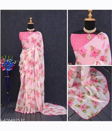 Gullak Georgette Printed Regular Saree With Unstitched Blouse Piece ( pink )