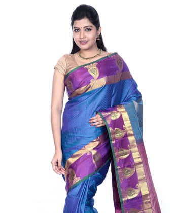 Blue Kanchipuram Silk Saree Butta Motifs and Purple Border