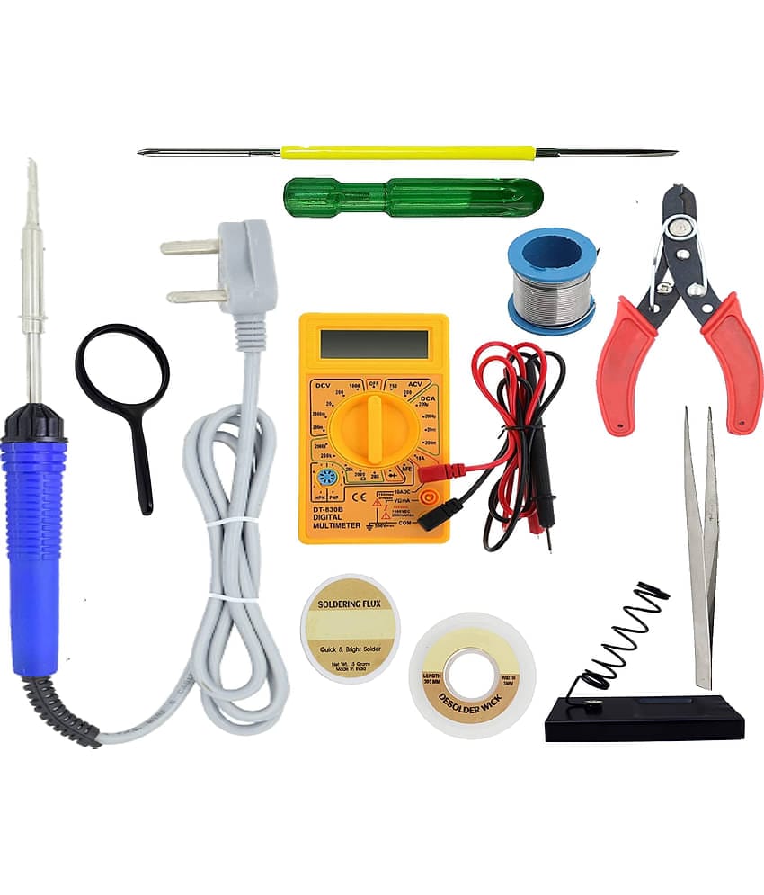 ALDECO: ( 10 in 1 ) Soldering Iron Kit contains- Blue Iron, Wire, Flux, Wick, Stand, 2 in 1 Screw Driver, Tweezer, Lense, Cutter, Digital Multimeter