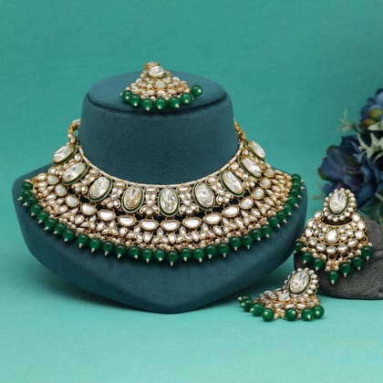 Green Color Kundan Necklace Set (KN1424GRN)-Adjustable Rope / Green / Alloy With Good Quality Gold Plated