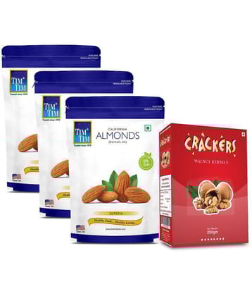 Tim Tim California Superia Almonds - 600g (200g x 3) | Free Kashmir Walnuts Amber Broken 250g Worth Rs 295