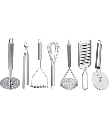 JISUN Stainless Steel Set of 7 Tools (Contains: 3 Mashers, 1 Roti chimta, 1 Whisk, 1 Pizza Cutter, 1 Grater) Silver Kitchen Tool Set