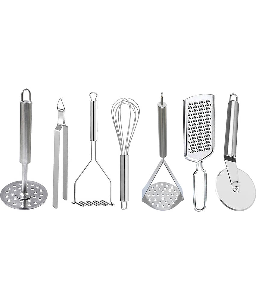 JISUN Stainless Steel Set of 7 Tools (Contains: 3 Mashers, 1 Roti chimta, 1 Whisk, 1 Pizza Cutter, 1 Grater) Silver Kitchen Tool Set