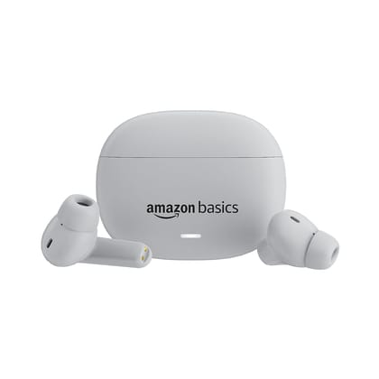 amazon basics True Wireless in-Ear Earbuds with Mic, Low-Latency Gaming Mode, Touch Control, IPX5 Water-Resistance, Bluetooth 5.3, Up to 60 Hours Play Time, Voice Assistance and Fast Charging (White)