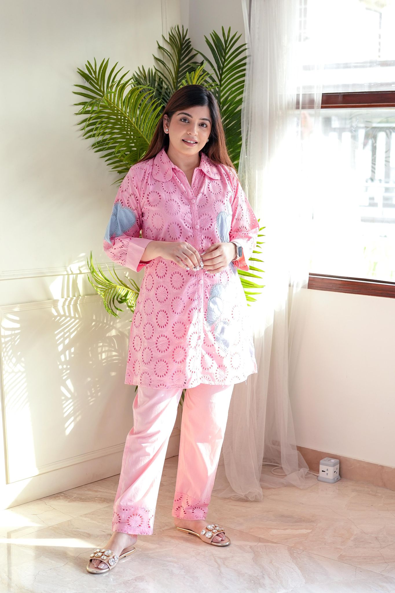 Mehreen Pink Embroidered Schiffli Cordset-3XL