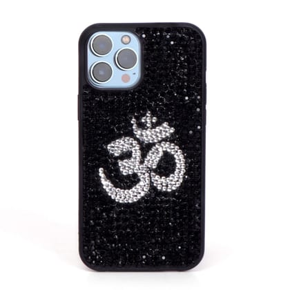 Personalized "OM Symbol" Black And Silver Swarovski Crystal Zardosi Apple iPhone 13 Series Mobile Cover By Brune & Bareskin-13Pro