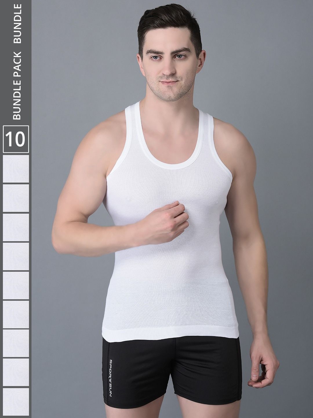 Men's White Pack of 10 Solid Combed Cotton Vest