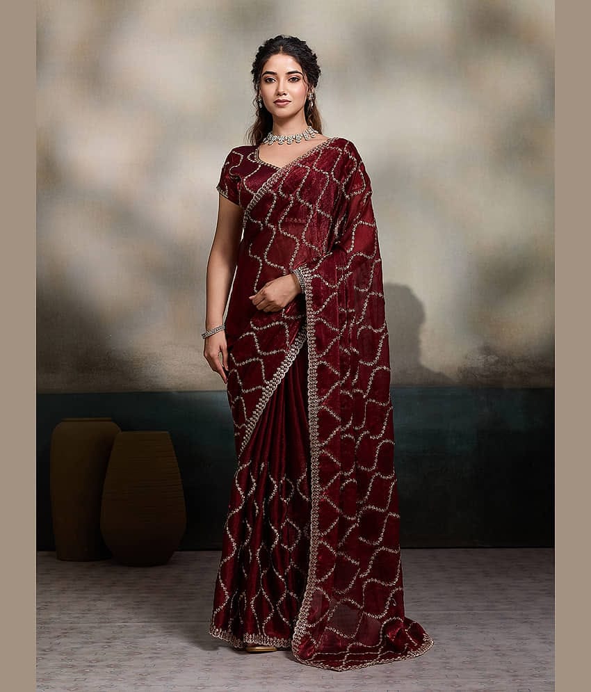 TTH Organza Embellished Regular Saree With Unstitched Blouse Piece ( Rama )