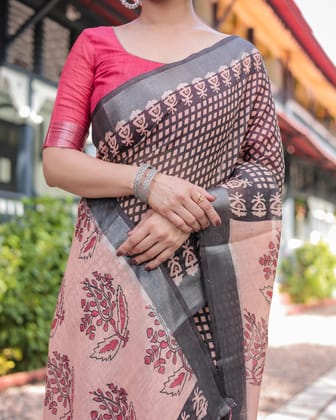 Peach and Black Floral and Geometric Design Pure Cotton Linen Saree with Blouse and Tassels-Regular