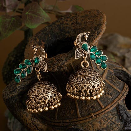 Gold Plated Peacock Design Artwork Stone Studded Fashion Ant