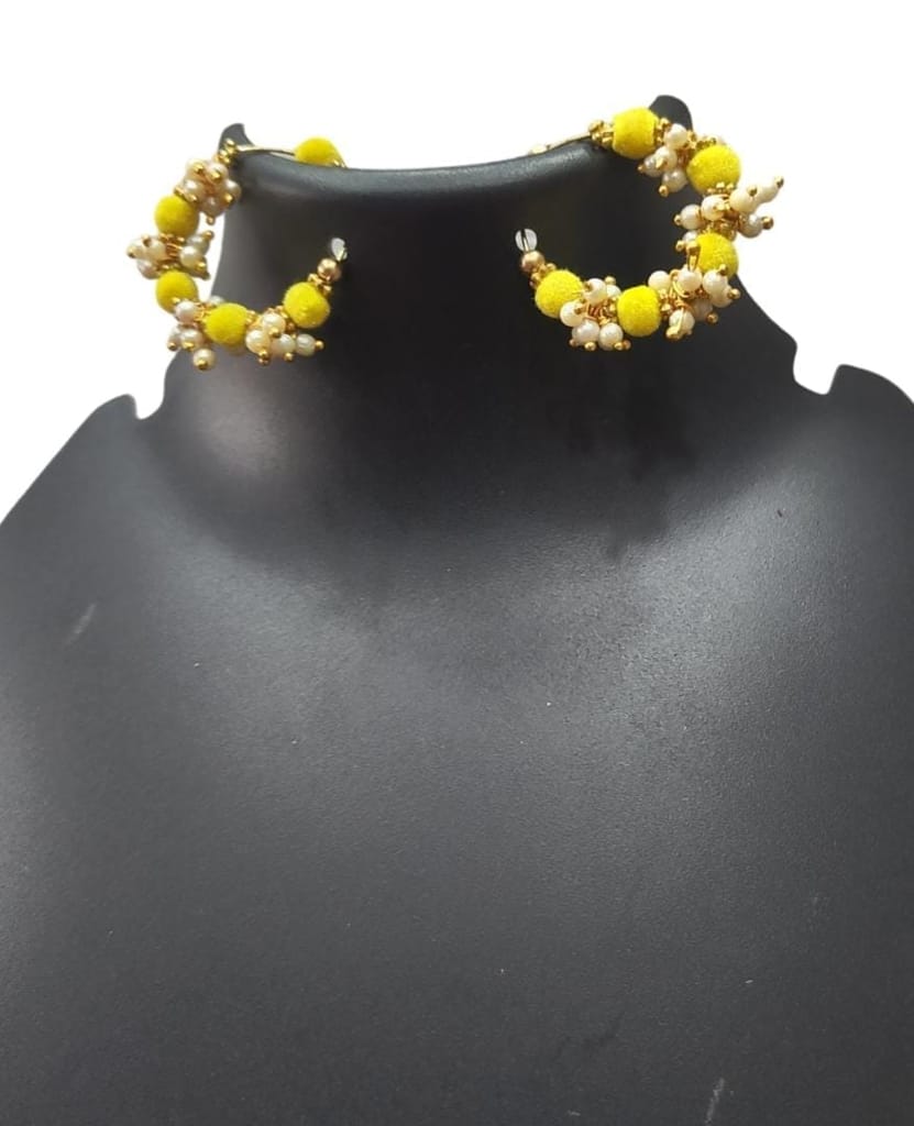 Designer Yellow Velvet Pearl Hoop Earrings
