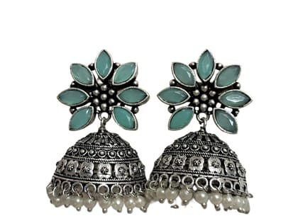 Anvaya Collections Oxidized Brass Jhumka Earrings with Red Stones and Pearl Beads for Women
