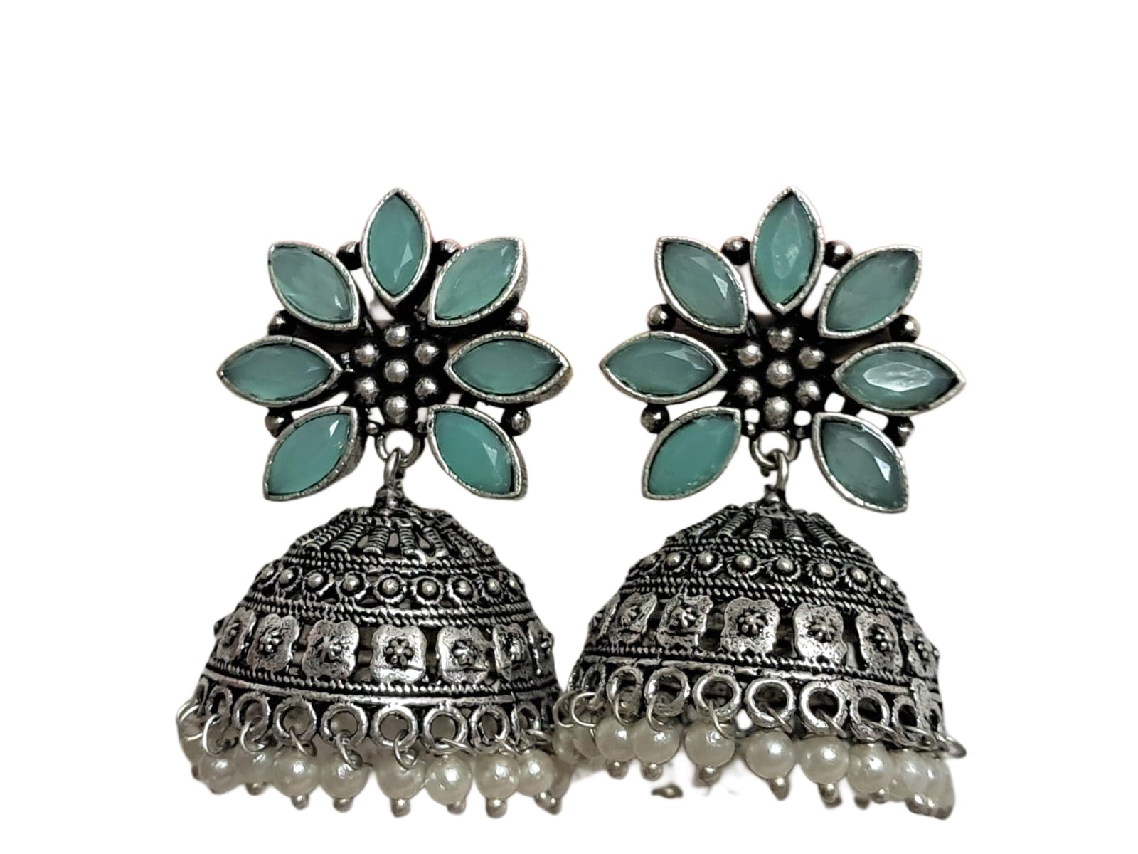 Anvaya Collections Oxidized Brass Jhumka Earrings with Red Stones and Pearl Beads for Women