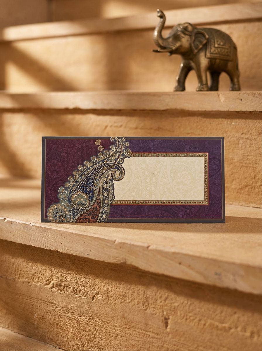 Purple Paisley Money Envelope – Elegant Designer Shagun Envelope for Wedding & Festive Gifting