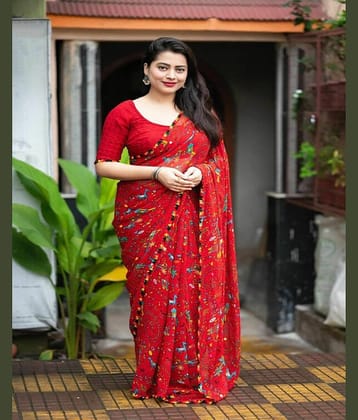 Saadhvi Georgette Printed Saree With Unstitched Blouse Piece ( Red )