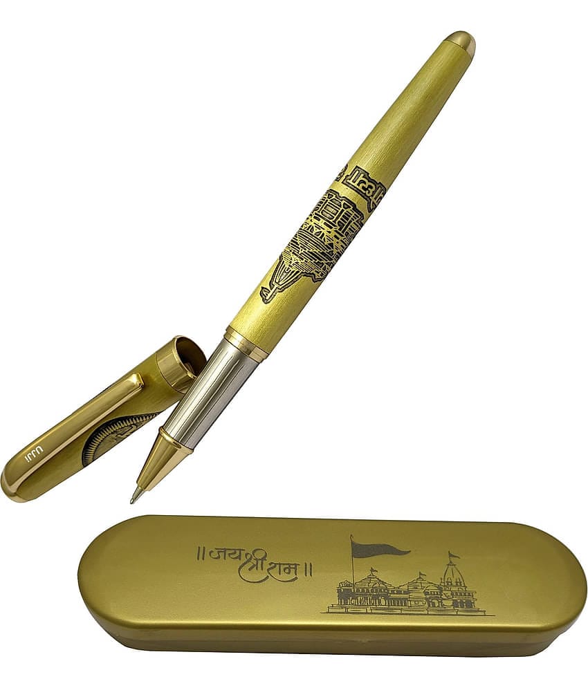 UJJi Shree Ram Mandir Ayodhya Carved Golden Color Metal (Blue Ink) Roller Ball Pen