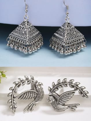 NVR Women Silver Toned Oxidized Set of 2 Jhumka & Drop Earrings-One Size / Silver / German Silver