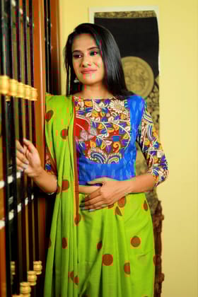 Ikat – Kalamkari Cotton Close Neck Blouse, Backopen, Blue – Red, BI1158-S