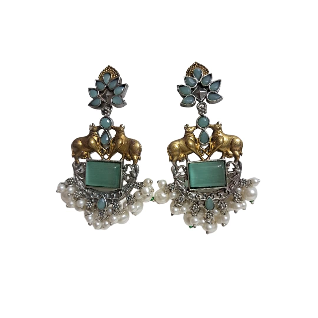 Anyava Collections Vintage Style Earrings, Turquoise Stone with Gold Bulls Design, Pearl Cluster Drop, Silver Finish