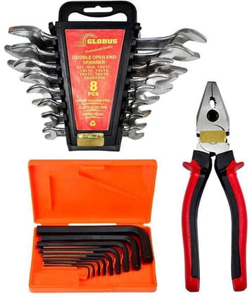 GLOBUS HAND TOOL SET/3 PCS ( DOUBLE OPEN END SPANNER SET/8 PCS IN CHROME MATT FINSIH, ALLEN KEY SET/9 PCS AND 8" COMBINATION PLIER