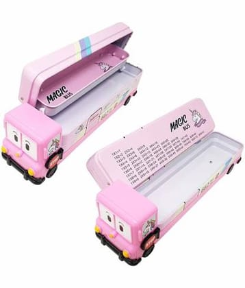 Pink Magic Bus Shape with Rotating Wheels Art Metal Pencil Box  (Set of 1, Pink)