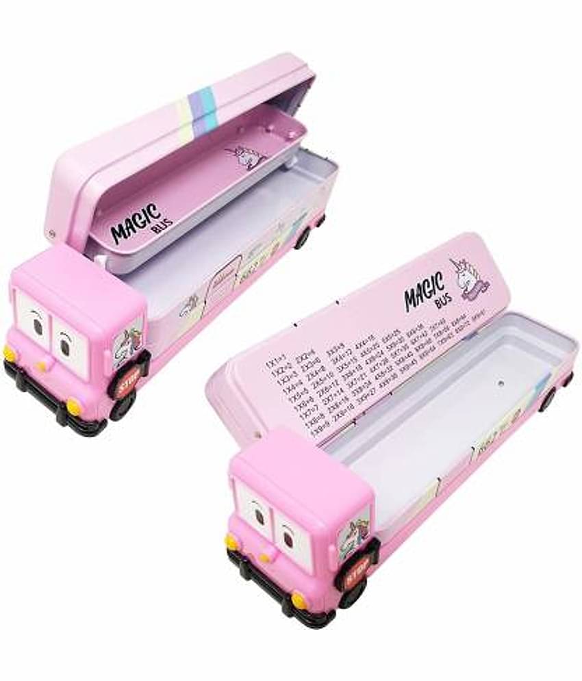 Pink Magic Bus Shape with Rotating Wheels Art Metal Pencil Box  (Set of 1, Pink)