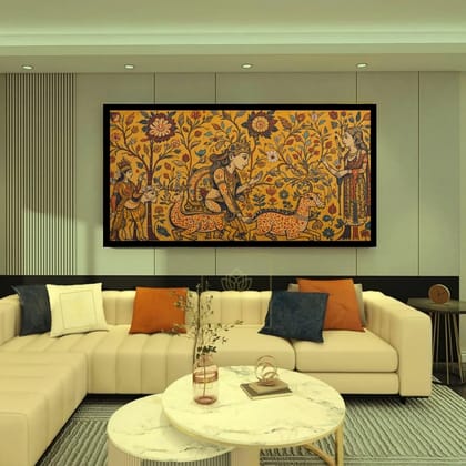 Luminary Divine Jungle – Epic Mythic Madhubani Museum-Quality Cotton Canvas Art for Living Room Décor | Frame Size (127 X 69 Cm) | Frame Type (Black) | 5-Year Warranty