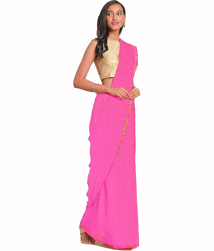 Bhuwal Fashion Georgette Embellished Saree With Unstitched Blouse Piece ( Pink )