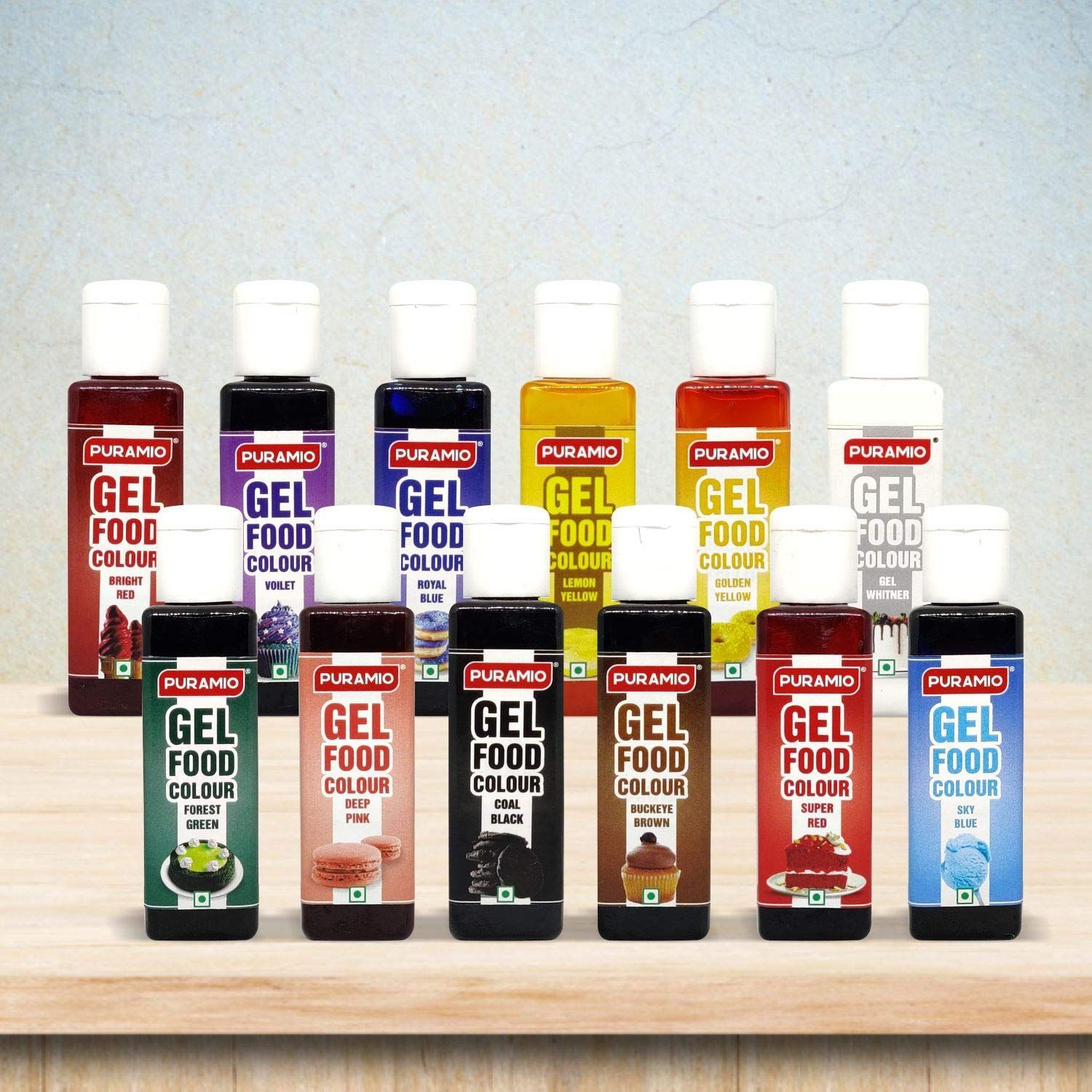 Puramio Gel Food Colours, (Bright Red, Super Red, Buckeye Brown, Coal Black, Deep Pink, Forest Green, Gel Whitner, Golden Yellow, Lemon Yellow, Royal Blue, Sky Blue, Voilet), 30 gm Each - Pack of 12