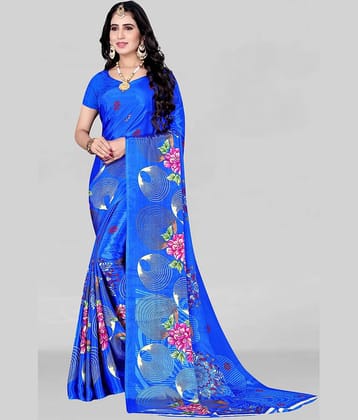LEELAVATI Crepe Printed Saree With Unstitched Blouse Piece ( Blue )
