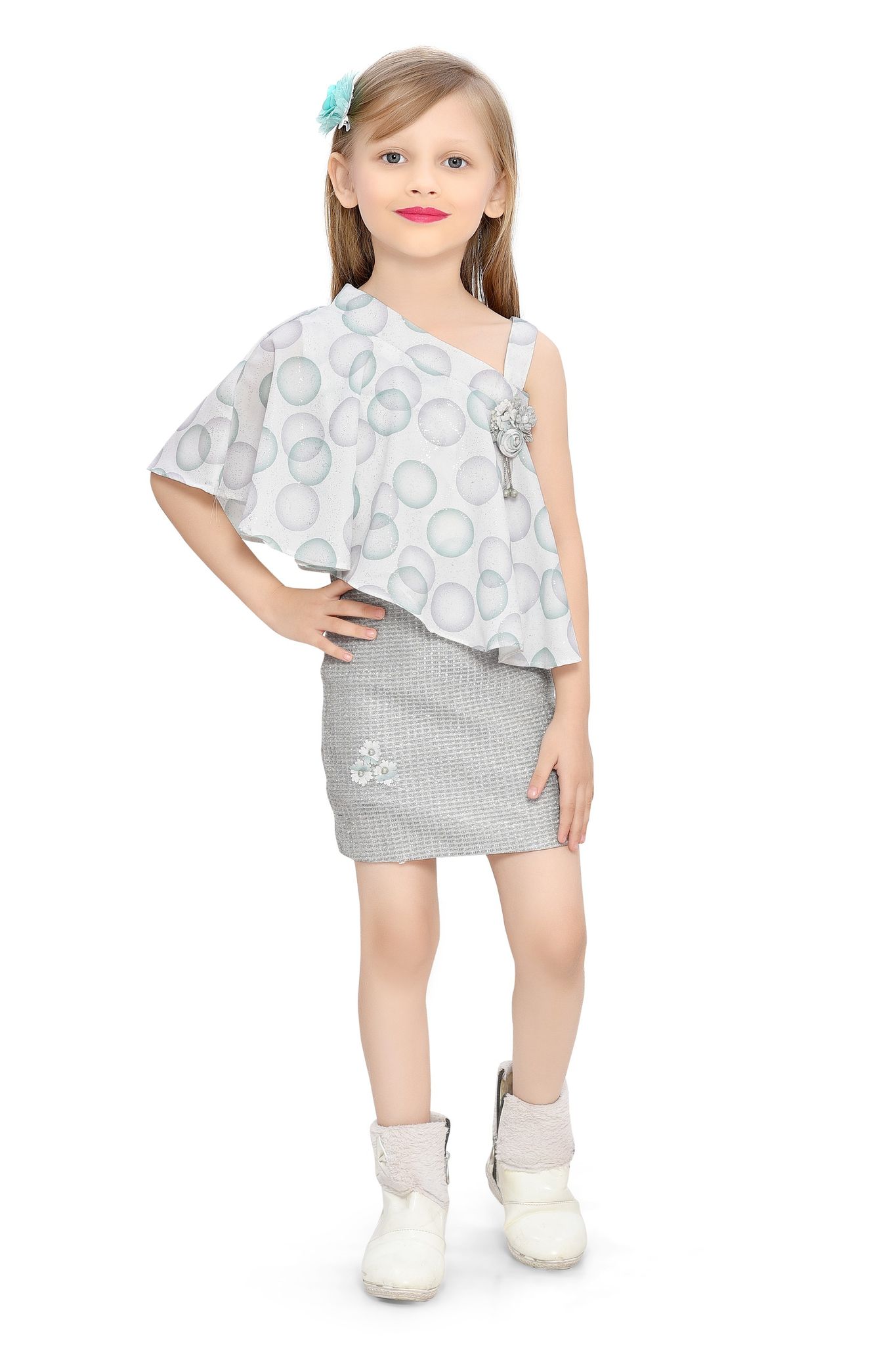 Be:Kids Green Whimsical Balloon Print Asymmetrical Polka Dot Dress for Girls