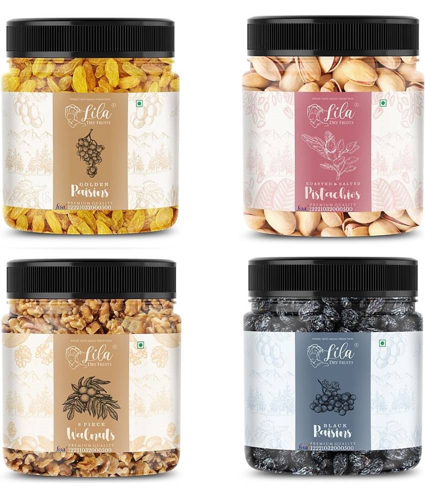 Lila Dry Fruits Pistachios(100gm), Walnut(100gm), Green Raisin(100gm), Black Raisin(100gm) Combo