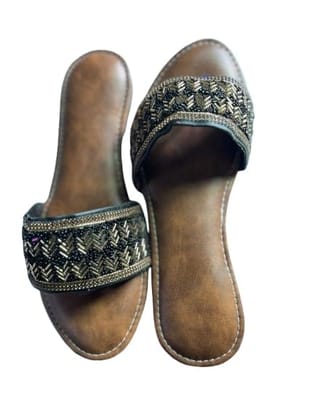 TULIP Traditional Artisians' Upliftment Livelihood Program Jaipuri chappal Women's Ethnic Slip-on Sandals with Mirror Work Embellishment, Black and Brown, Open Toe, Flat Heel, Cushioned Insole TULIP Traditional Artisians' Upliftment Livelihood Program Jaipuri chappal Women's Ethnic Slip-on Sandals with Mirror Work Embellishment, Black and Brown, Open Toe, Flat Heel, Cushioned Insole