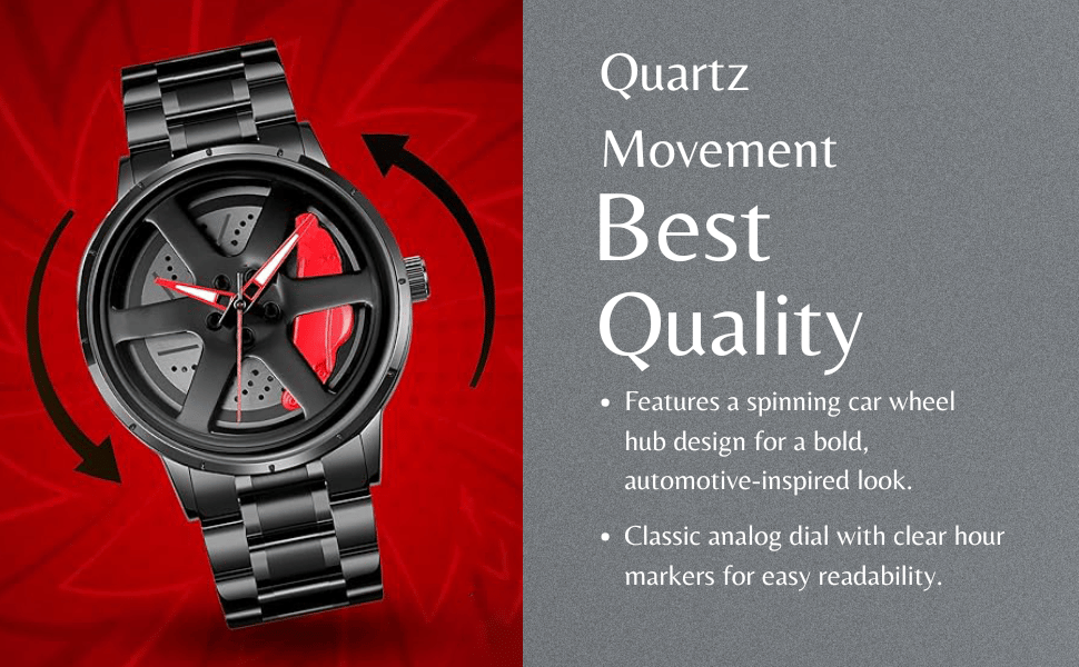 Men's Car Wheel Watch with Spinning Car Rim Hub Design|| Analog Stainless Steel || Quartz Movement|| Water Resistant, Scratch Resistant