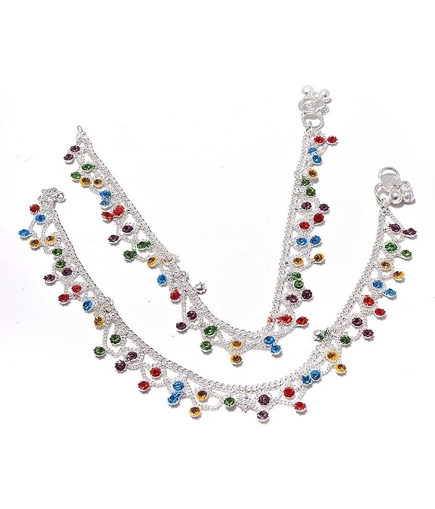 Jewar Mandi White Real Look Silver Plated  Multistone Anklet