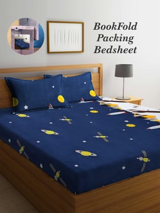 Bookfold Blue & Yellow Conversational 300 TC King Bedsheet With 2 Pillow Covers