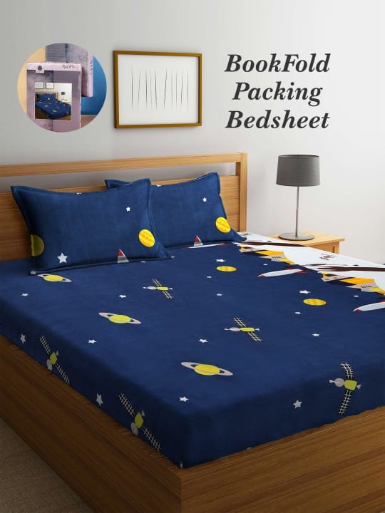 Bookfold Blue & Yellow Conversational 300 TC King Bedsheet With 2 Pillow Covers