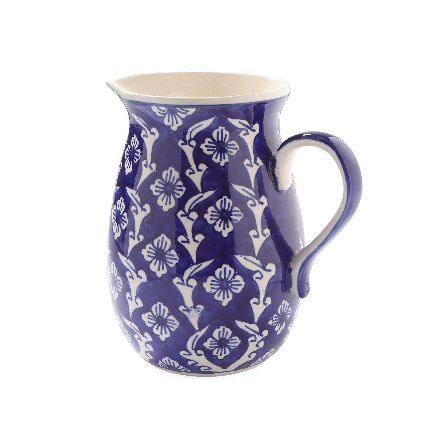 Hand Painted Ceramic Jug Pitcher 2 Litre Khurja Ceramic Indigo Pattern