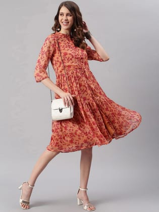 Orange Poly Georgette Floral Flared Western Dress