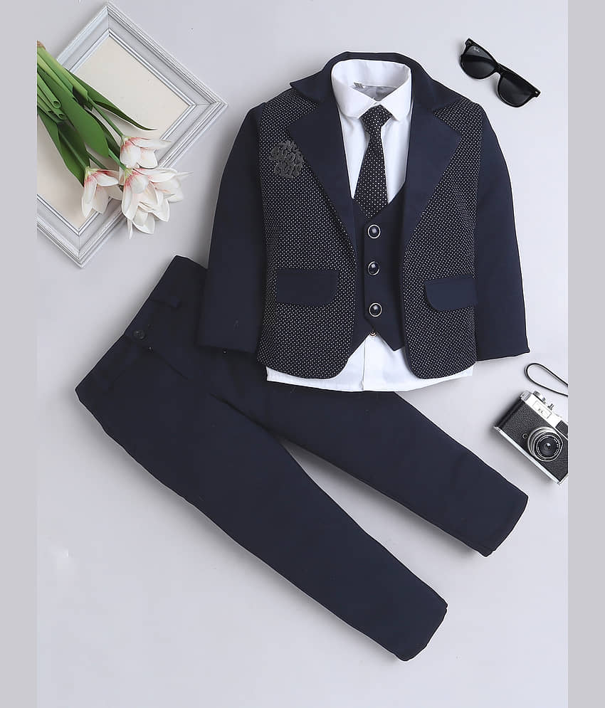 Fourfolds Pack of 1 Boys Cotton Blend Shirt & Pants Set ( Navy )