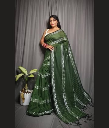 SARADA HANDLOOM Cotton Solid Saree With Unstitched Blouse Piece ( Green )