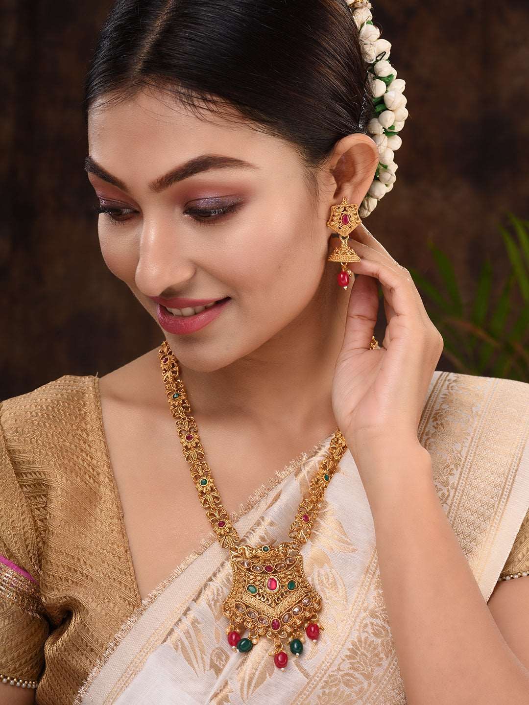 Gold Plated Red & Green stone studded floral long Temple Necklace Jewellerey Set