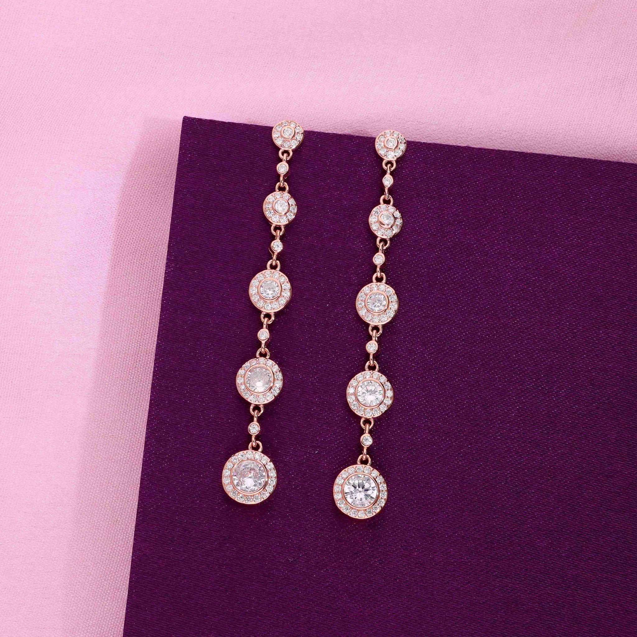 Charming Circles Rose Gold Dangler Earrings-White Stone / Rose Gold