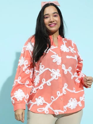 Coral Embroidered Long Sleeve Button-Down Plus Size Shirt-7XL