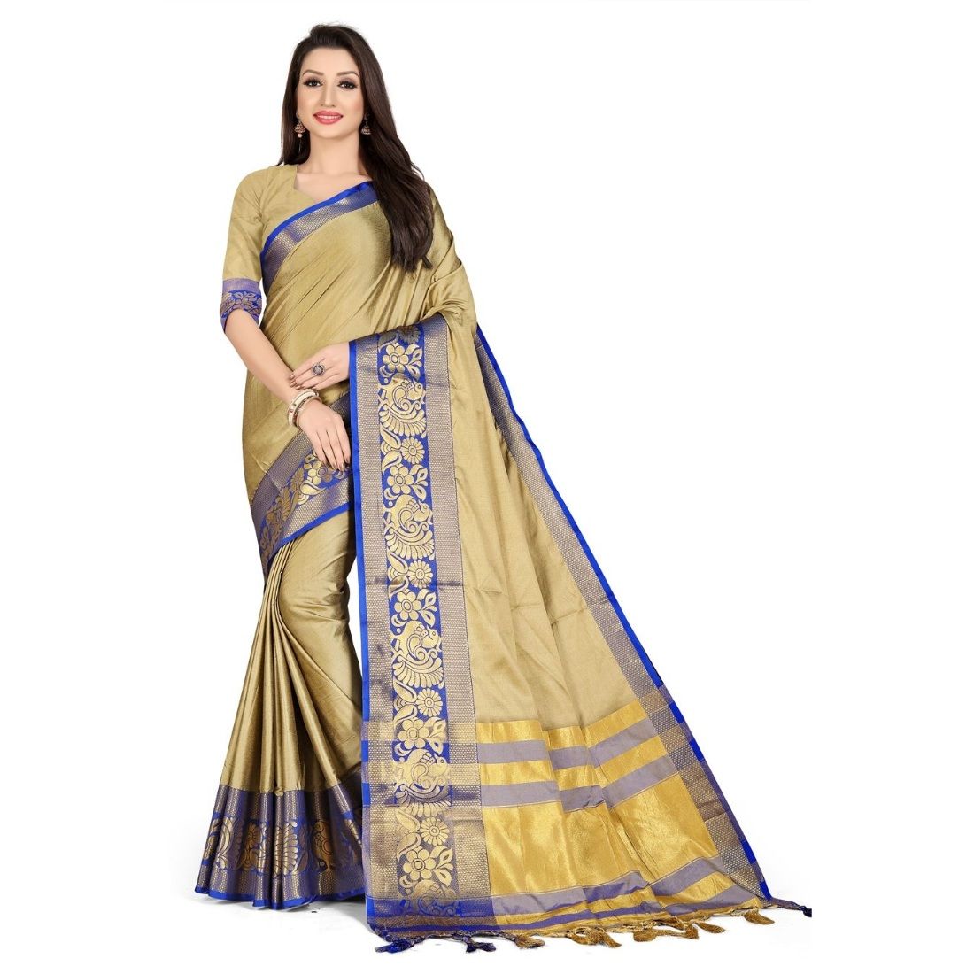 Generic Women's Cotton Silk  Saree with Blouse (Blue, 5 - 6 Mtrs)