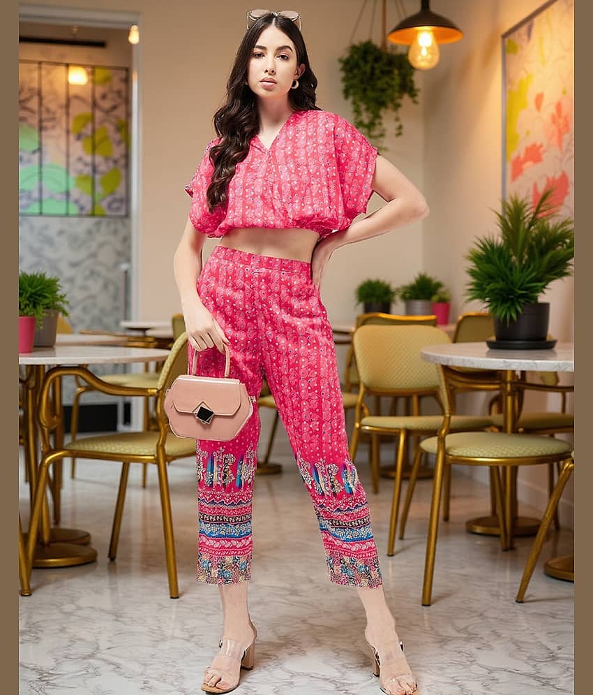 Pannkh Women Printed Top With Trousers Co-Ord Set ( Pink )
