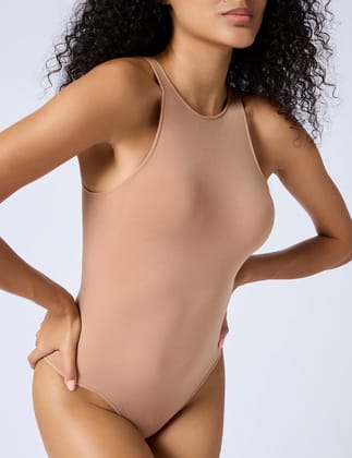 High Neck Cutaway Bodysuit-WALNUT / S
