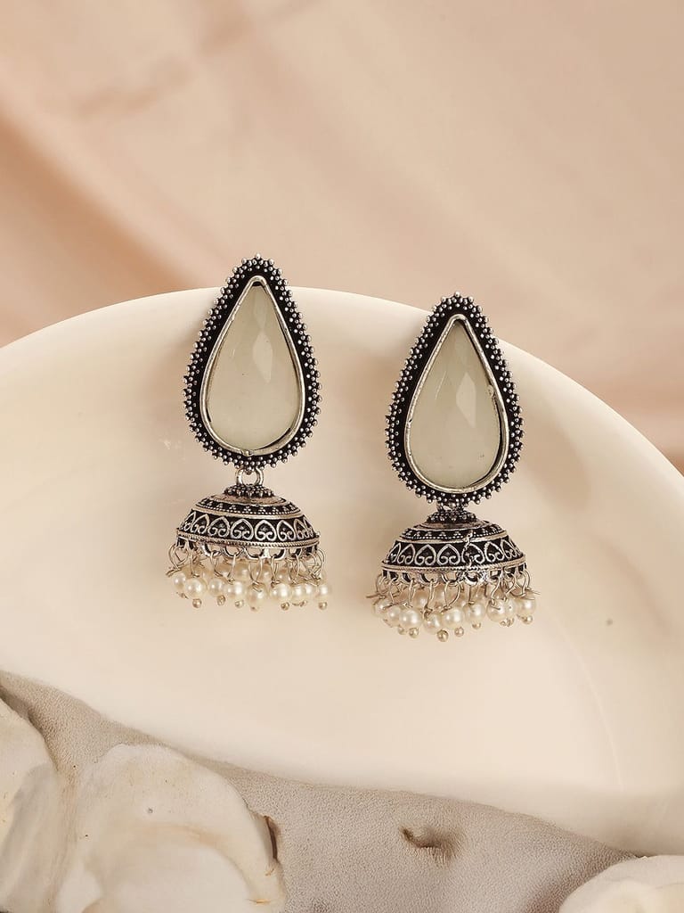 Oxidised Silver-Toned White Stone & Pearl Beaded Teardrop Stone Handcrafted Jhumka Earrings - Earrings | Buy online on ZillyBuy