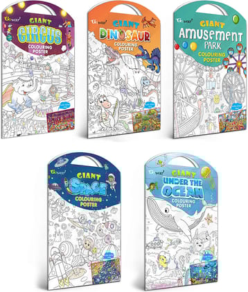 GIANT CIRCUS COLOURING POSTER, GIANT DINOSAUR COLOURING POSTER, GIANT AMUSEMENT PARK COLOURING POSTER, GIANT SPACE COLOURING POSTER and GIANT UNDER THE OCEAN COLOURING POSTER | Combo of 5 Posters I best colouring poster
