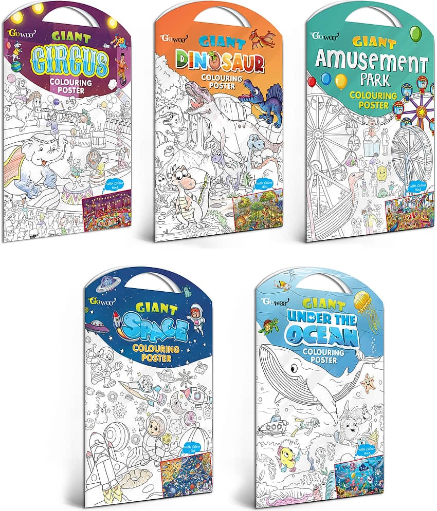 GIANT CIRCUS COLOURING POSTER, GIANT DINOSAUR COLOURING POSTER, GIANT AMUSEMENT PARK COLOURING POSTER, GIANT SPACE COLOURING POSTER and GIANT UNDER THE OCEAN COLOURING POSTER | Combo of 5 Posters I best colouring poster